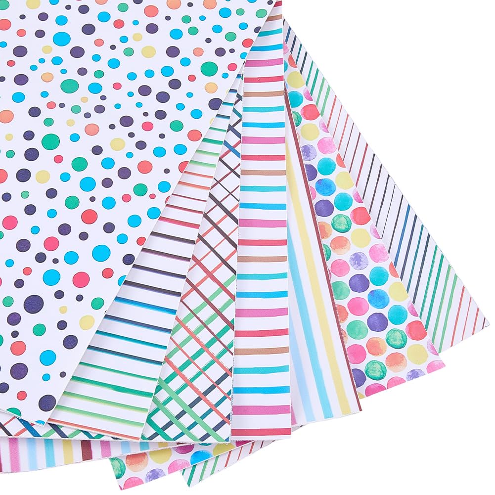 CALFOVERA 7PCS 12.99 x 7.9 Inch PU Leather Polka Dots Printed Texture Faux Leather Stripe Rainbow Sheets Colorful Geometric Leatherette Fabric Synthetic Vinyl Roll for Earrings DIY Crafts Making