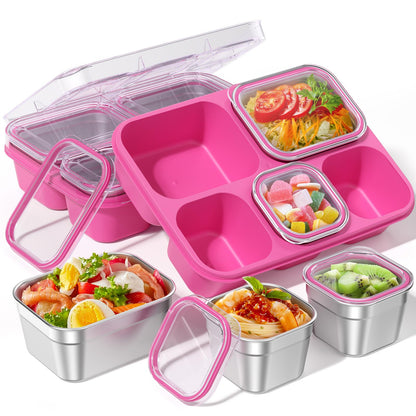 BiuLeon Snackle Box Containers, Stainless Steel 5 Compartments Divided Serving Tray with Lid, Removable LeakProof Portable Bento Box for Fruit Candy Nuts Food - School, Picnic and Travel（Pink）