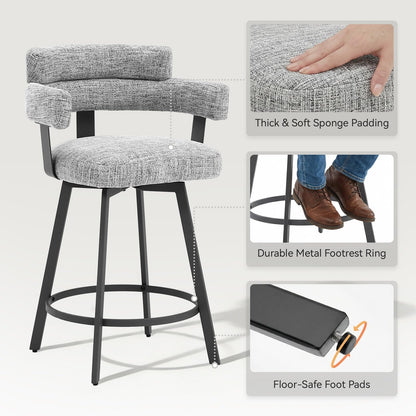FERFALDER Counter Height Bar Stools with Full Back – Swivel Counter Stools Set of 2 with Linen Padded Back, Metal Footrest, Modern Barstools for Kitchen Counter, Island, Dining Room, Grey 24 inch