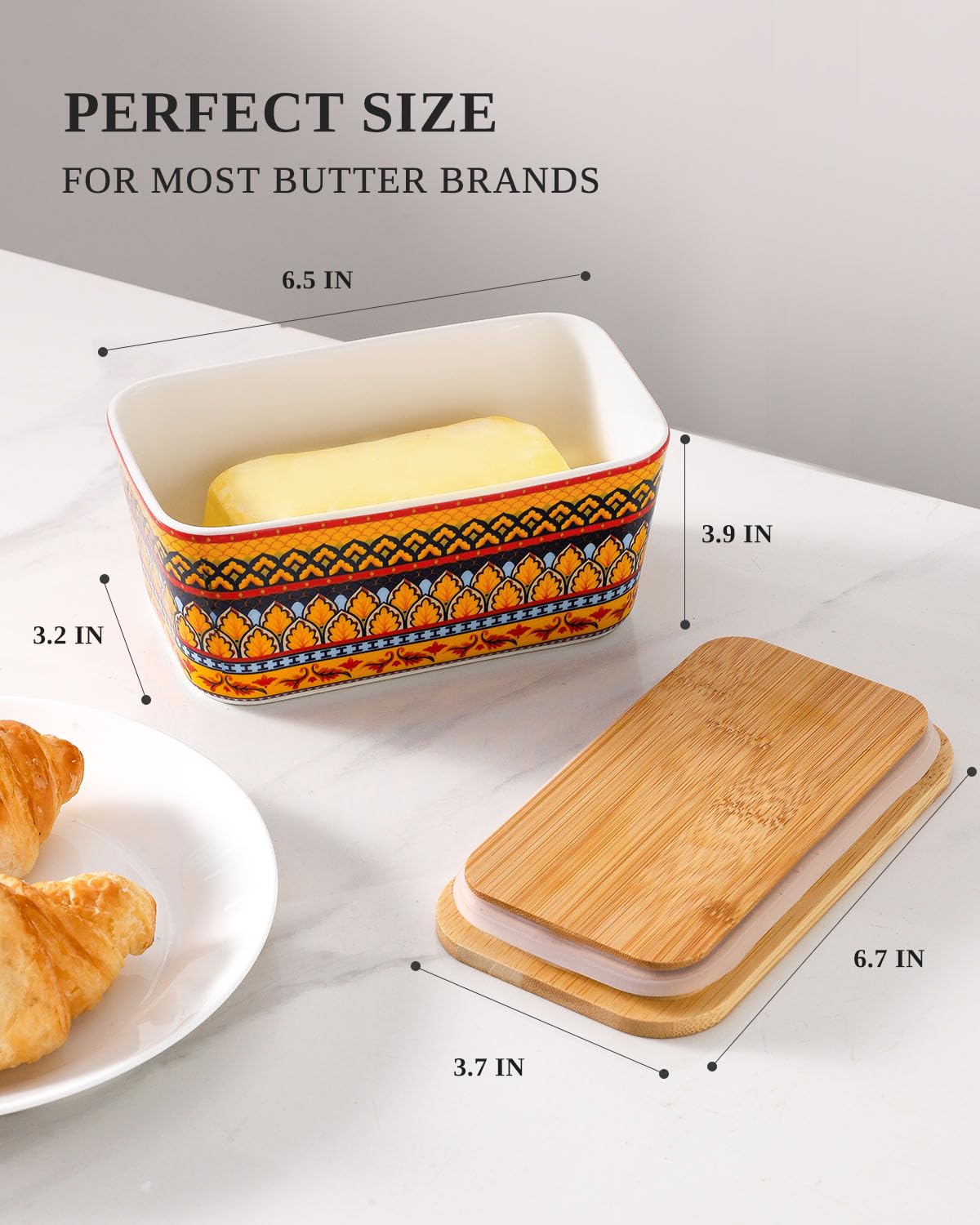 JINGUS Butter Dish, Large Ceramic Bohemian Butter Dish with Lid for Countertop, Airtight Butter Container Holder Keeper Box Storage with Bamboo Cover and Silicone Ring for East West Coast