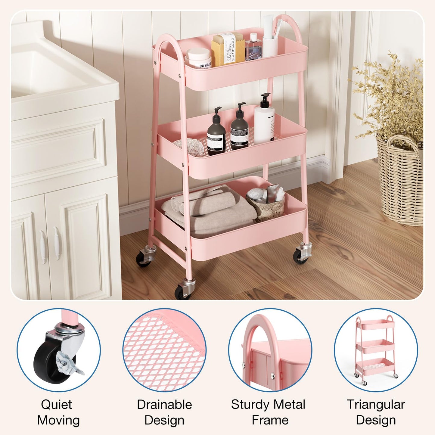 OLIXIS Metal 3 Tiers Utility Rolling Cart, Mobile Storage Shelf with Lockable Caster Wheels, Organization for Livingroom, Bathroom & Narrow Places, Pink