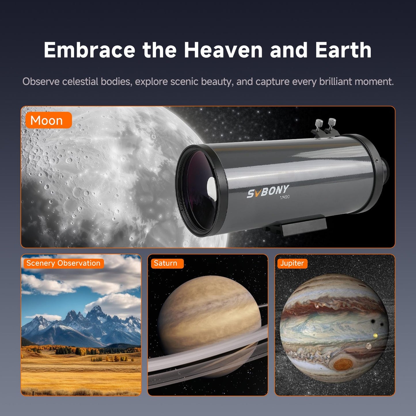 SVBONY MK90 Spotting Scope, Maksutov Cassegrain Telescope for Adults Astronomy, 90mm Aperture, Compact and Lightweight Spotting Scope for Terrestrial and Sky Viewing, Planet Visual and Photography