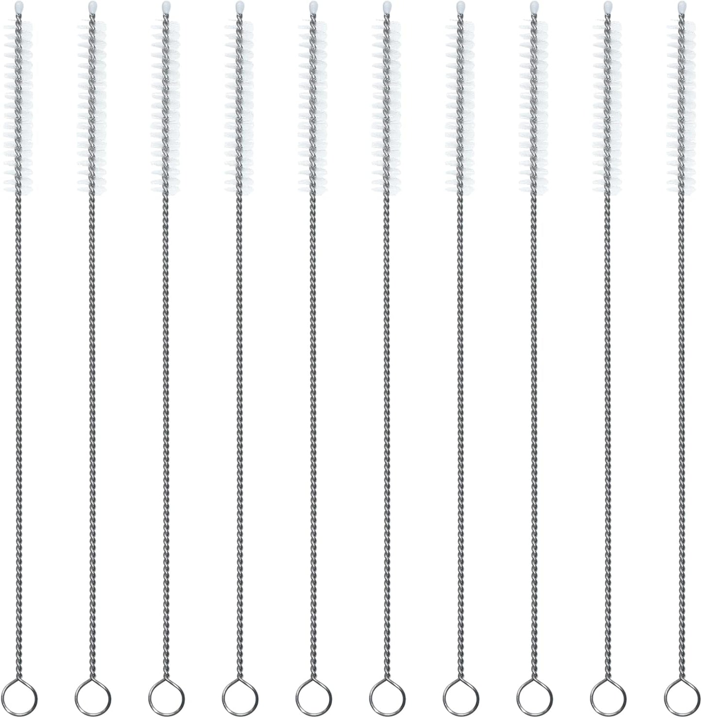 Straw Cleaner Brush Set of 10, Extra Long Nylon Bristles and Stainless Steel Handle for Cleaning Glass, Silicone, Metal