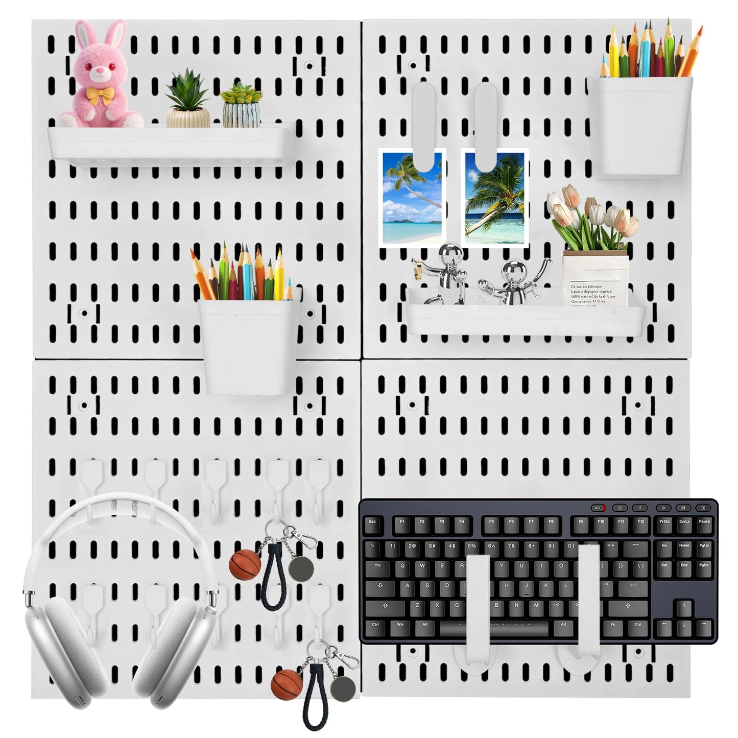 4 Pack White Peg Boards with Hooks & Shelves,22pcs Kits Pegboard Wall Organizer Set–Pegboard Wall Display Rack for Office, Kitchen, Gaming Room Desk Pegboards Storage