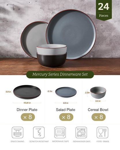 Famiware Mercury 24 Pieces Dinnerware Sets, Plates and Bowls Sets for 8, Microwave and Dishwasher Safe Dish Set, Multi-color