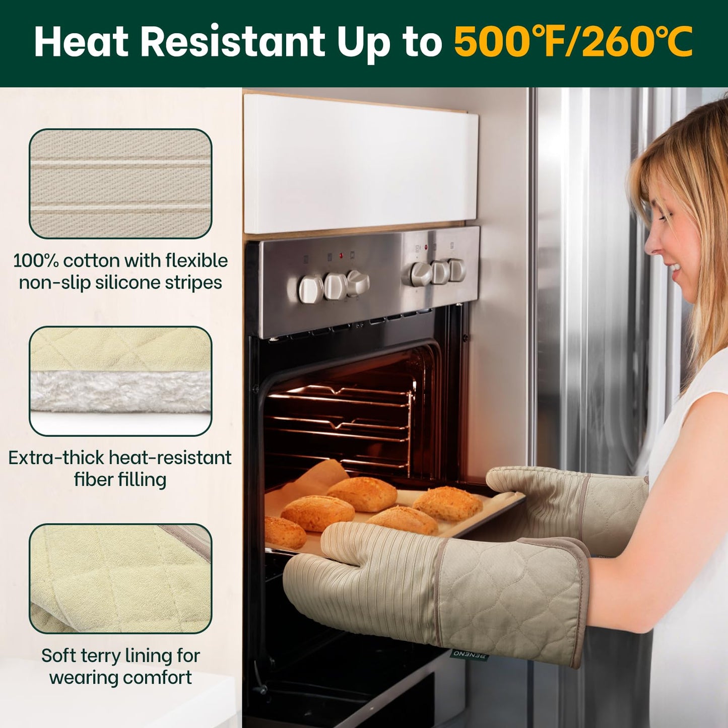 Beneno Kitchen Oven Mitts 2-Pack Heat Resistant to 500°F with Non-Slip Silicone Grip, Extra Long 14.3" Forearm Protection, Soft Quilted Cotton Terry Lining, Ideal for Cooking, Baking, Grilling, Beige