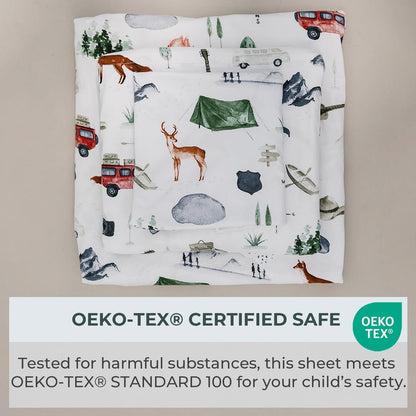 Pobibaby Premium Twin Full Sheets Sets, Kids Double Bed Sheets in Cotton Blend | Ultra-Soft Woodland Camping Print with Fitted Sheet, Flat Sheet & Pillowcases (Twin Explore)
