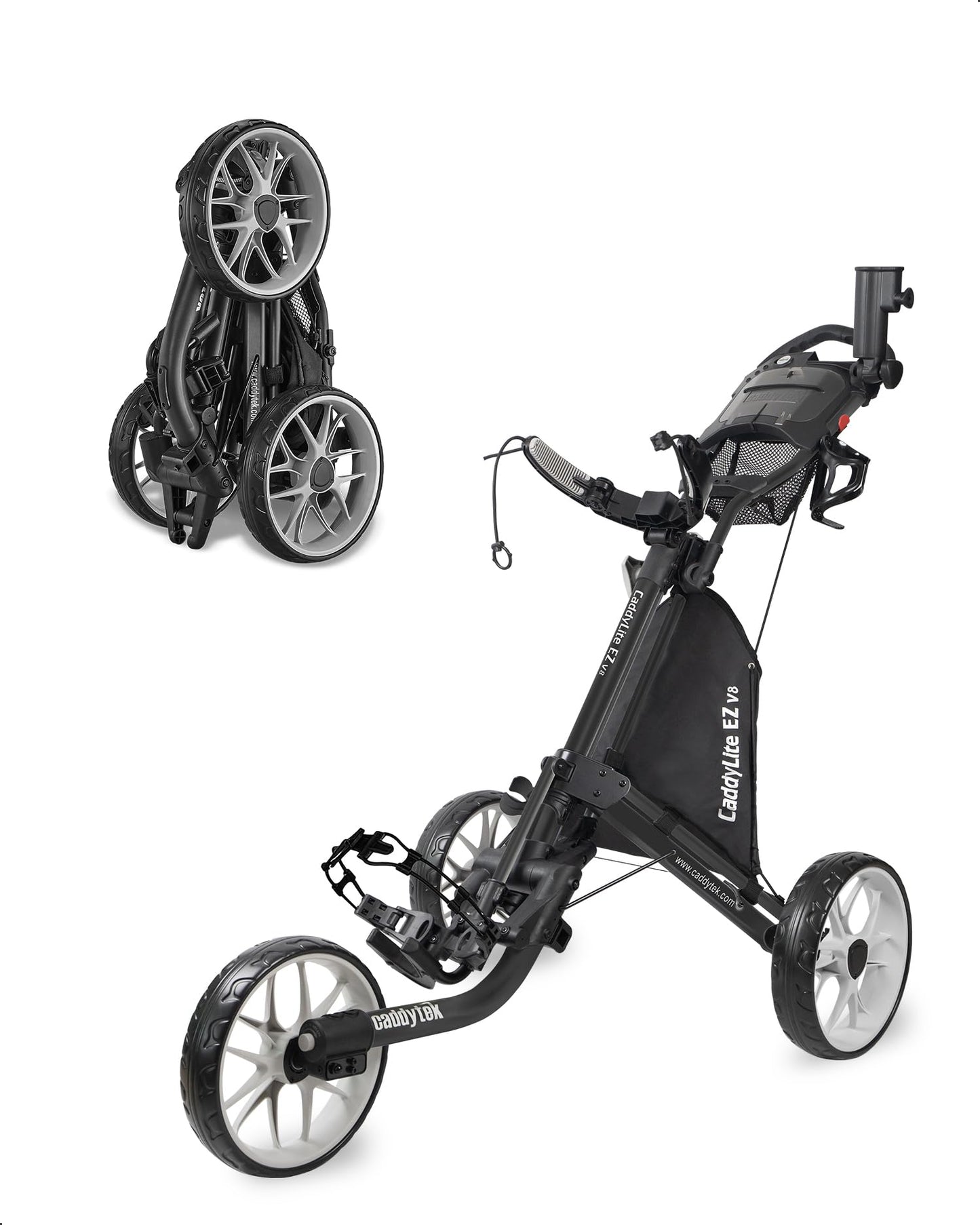 Caddytek CaddyLite EZ V8 Golf Push Cart - Lightweight 3 Wheel Foldable Cart with One-Click 2-Step Folding, EVA Wheels, Adjustable Handle, Cooler Basket, Umbrella & Drink Holder, Compact Golf Cart