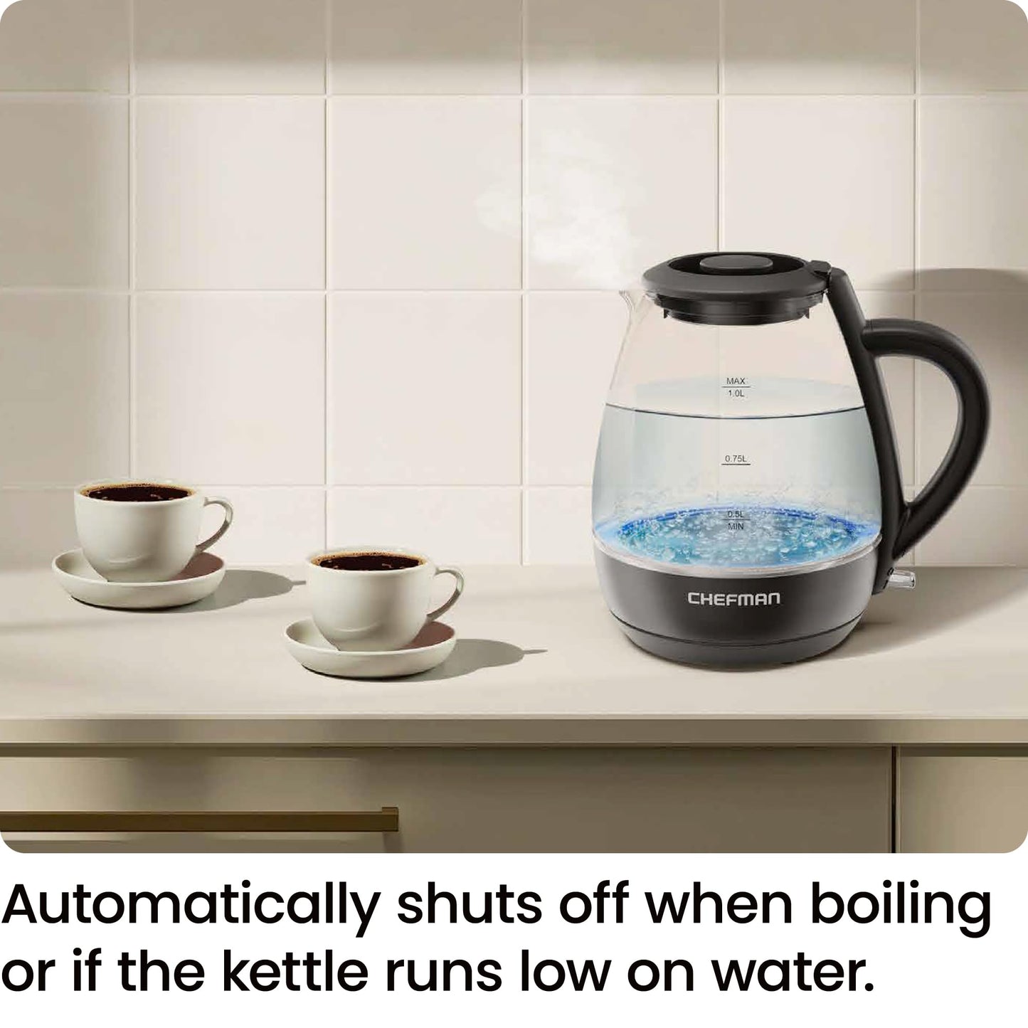 Chefman Electric Kettle with Tea Infuser, Compact 1L (4 Cups), 1500W, Removable Lid for Easy Cleaning, Boil-Dry Protection, Stainless Steel Filter, BPA Free, Auto Shut Off, Small Electric Tea Kettle