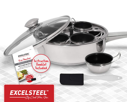 EXCELSTEEL Non Stick Easy Use Rust Resistant Home Kitchen Breakfast Brunch Induction Cooktop Egg Poacher, 6 Cup, Stainless Steel, Round