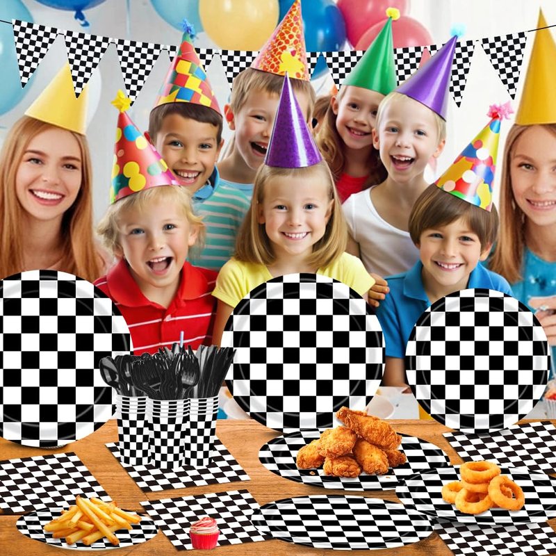 170 Pcs Race Car Birthday Party Decorations Black and White Checkered Plates and Napkins, Checkered Party Supplies Serves 24