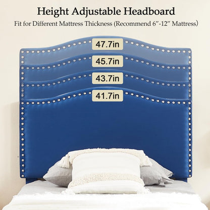 VECELO Twin Upholstered Platform Bed Frame for Kids,Girls,Boys,with Tufted Adjustable Headboard/Mattress Foundation/Wood Slat Support,Easy Assembly,Dark Blue