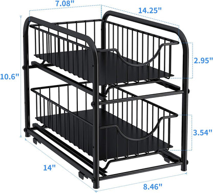 AIYAKA Pull-out Cabinet Organizer, Stackable 2-tier Under Sink Rack with Sliding Storage Drawer for Bathroom, Kitchen,