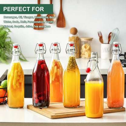 8 Pack [1 L / 33 fl. oz.] Swing Top Glass Bottles w/ Airtight Stopper Lids – Flip Top Brewing Bottle for Fermentation, Kombucha, Mead, Vinegar, Beer, Kefir, Wine, Soda – With 8 Extra Seals & 2 Pourer