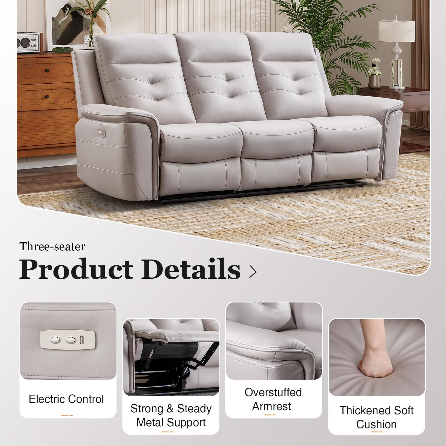 EBELLO 2 Pieces Faux Leather Power Recliner Sofa Set, Reclining Living Room Furniture Set, Included Loveseat and 3 Seat Electric Recliner Sofa, Modern Design for Living Room, Grey