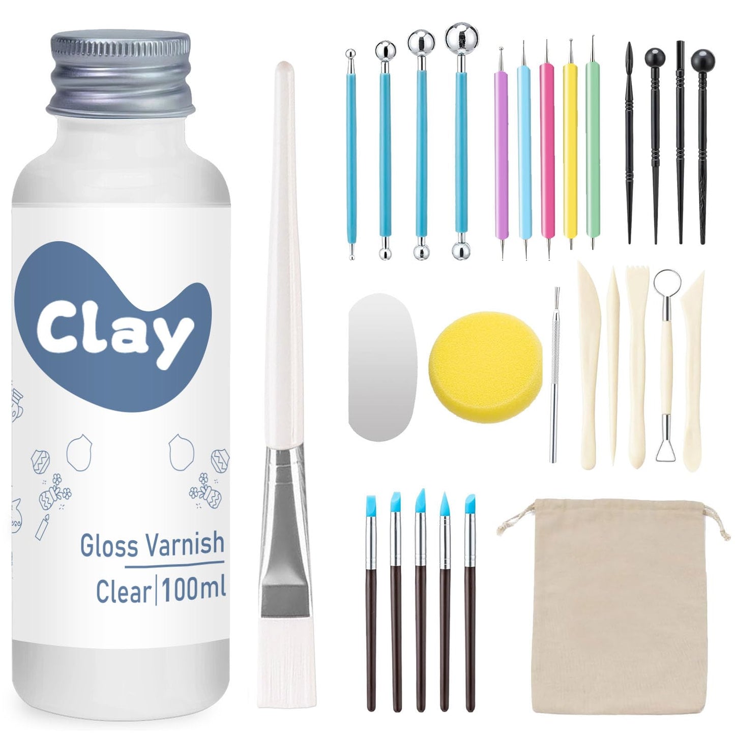 1DFAUL 29PCS Air Dry Clay Glaze with Sculpting Tools Kit, Clay Varnish Sealant for High Luster, Scratch Resistant, Waterproof, Pottery Tool kit for Sculpting, Modeling, Shaping (Gloss)