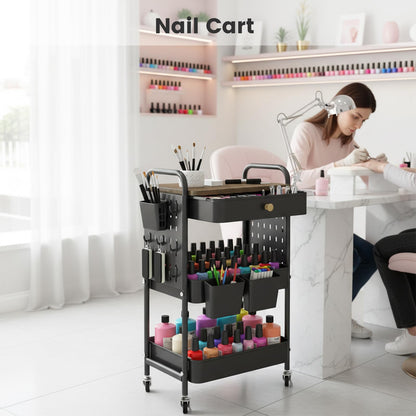 danpinera 3-Tier Rolling Cart, Metal Rolling Storage Cart with Wooden Table Top & DIY Pegboards, Storage Cart with Wheels, Hooks & Hanging Cups, Storage Organizer Cart Craft Art Cart, Black