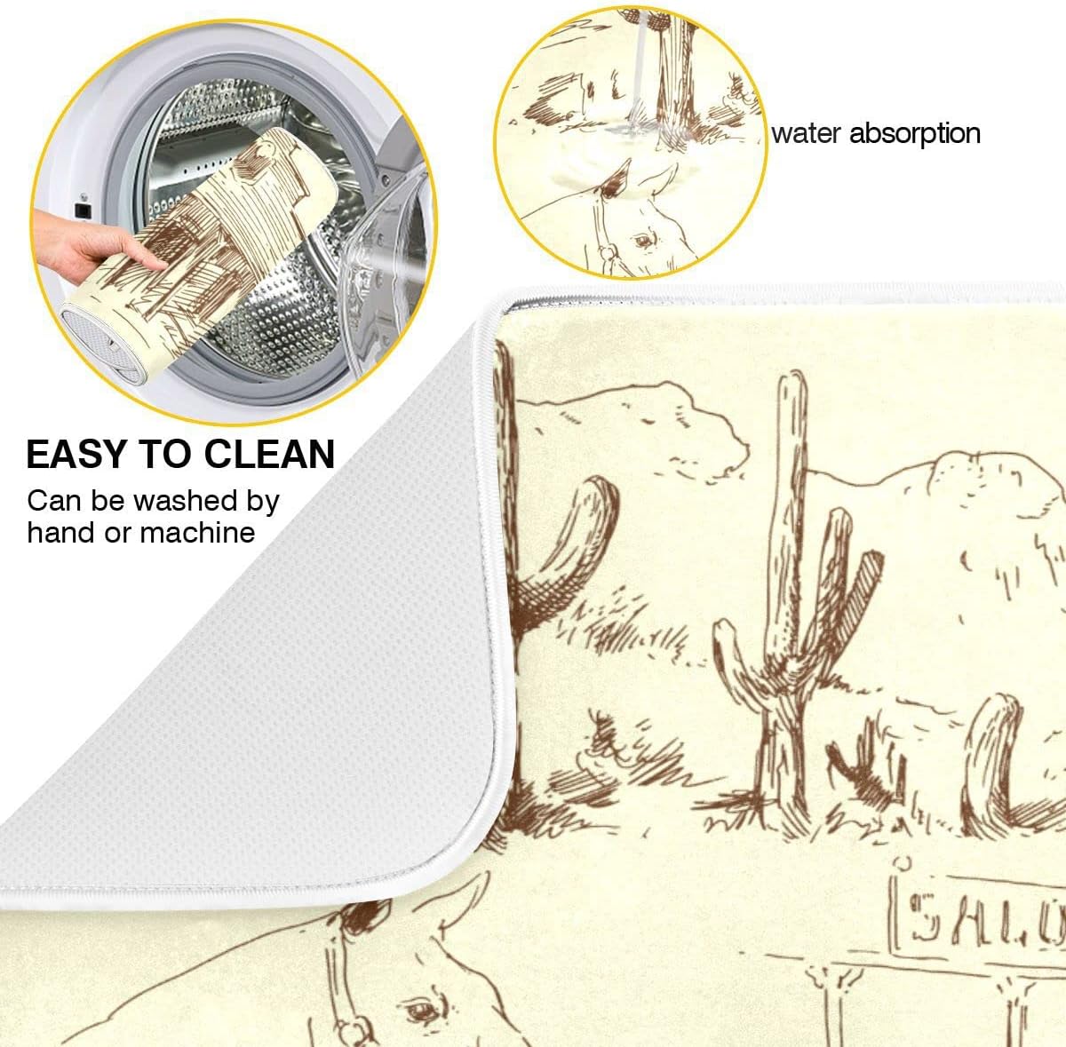 Rustic Cowboy Dish Drying Mat for Kitchen Counter, Western Desert Cactus Microfiber Protector, Medium 16x18 inch