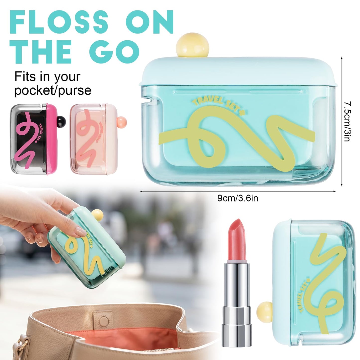 Travel Floss Picks Dispenser, 2026 New Automatic Pop-up Floss Pick Holder Case, Refillable Floss Organizer for Purse, Hygienic Dental Floss Storage Box with 50PCS Flossers for Home Dinning, Green