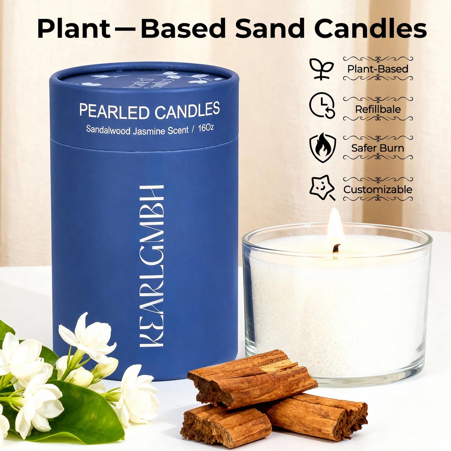 Sand Candle Making Kit - 1 lb Pearled Candle Sand and Wicks, Sand Wax Beads with Jasmine Sandalwood Scent, Lidded Large Glass Jar, 100-Hour Burn, Candles Making Christmas Gift for Adults & Beginners