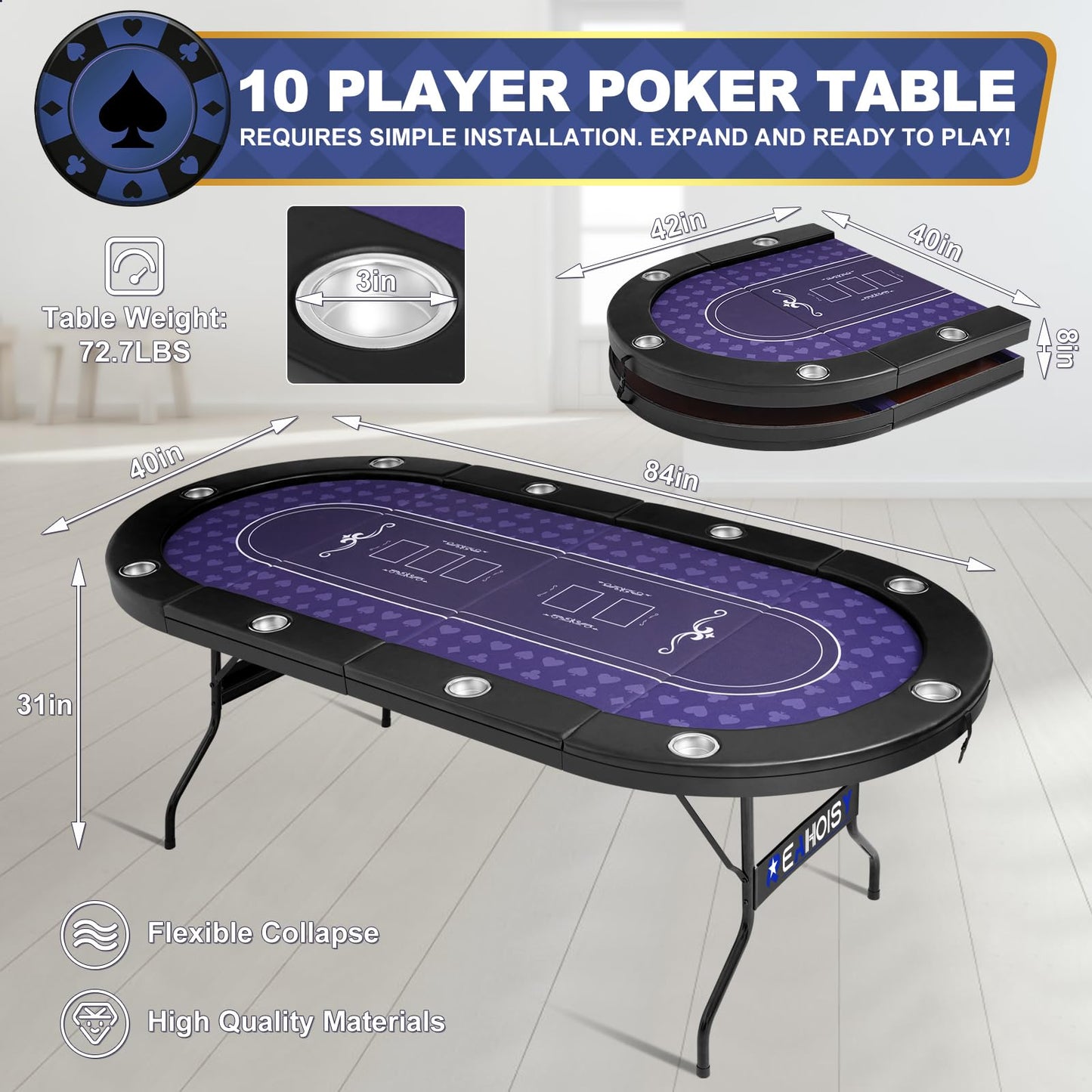 REAHOISY Poker Table Foldable, Casino Leisure Gamimg Table for 8/10 Player, Folding Texas Holdem Blackjack Table with Padded Rails & Cup Holders for Home Game Room, 84 Inch
