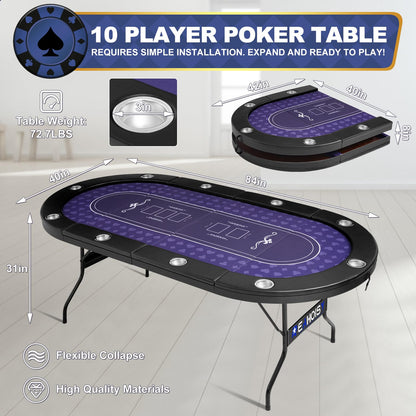 REAHOISY Poker Table Foldable, Casino Leisure Gamimg Table for 8/10 Player, Folding Texas Holdem Blackjack Table with Padded Rails & Cup Holders for Home Game Room, 84 Inch