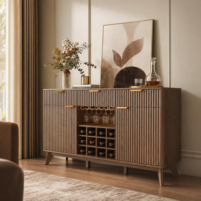 60" Wide Fluted Wine Bar Cabinet with 2 Side Cabinets, 3 Drawers, 4 Glass Holders & 12 Wine Racks, Modern Buffet Sideboard with Storage, 2 Door & 3 Drawer Buffet Sideboard for Kitchen, Dining Room