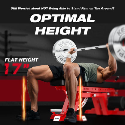 KeppiFitness Weight Bench, 1500LBS Capacity Workout Bench, 17” Bench Press Height, 11+8 Adjustable Weight Bench with Flat/Incline/Decline Angle and On-end Storage - Bench6000 (2026 Version Red Frame)