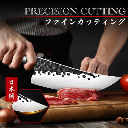 Huusk Japanese Butcher Knife for Meat Cutting - Ultra Sharp Viking Meat Knife Made by High Carbon Steel - Hand Forged Chef Knives with Wood Handle for BBQ & Cooking - Gifts Idea for Men Women