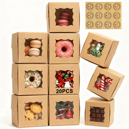 TAOUNOA 80 Pack 4x4x2.5 Inch Cookie Boxes with Window, Kraft Bakery Boxes for Cupcakes, Desserts Treats, Clear View Eco-Friendly Gift Packaging for Baked Goods Party (Brown, 20 pcs Easy to Secure)