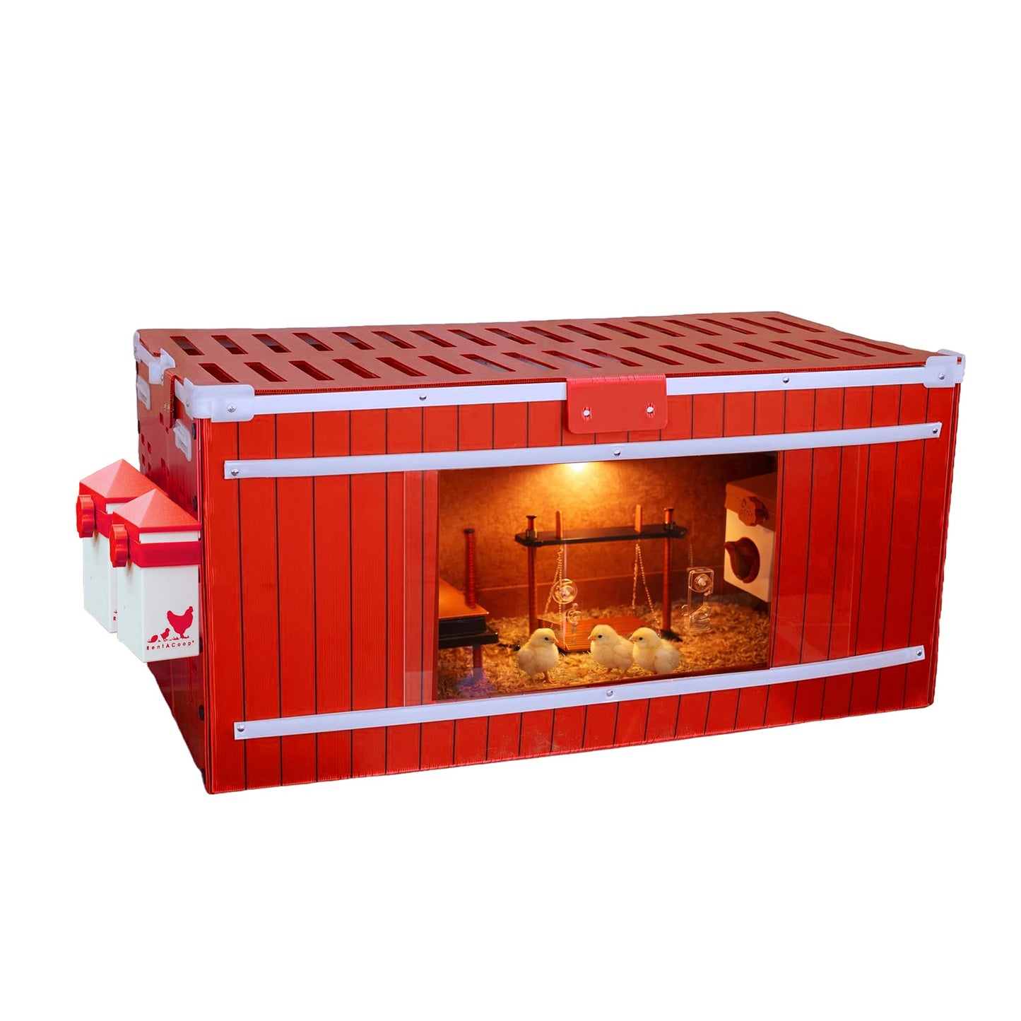 RentACoop Big Red Barn Chick Brooder Set | Durable, Lightweight, Easy-Clean, Multipurpose | with Heating Plate, Feeder, Waterer, Absorbent Hatchling Liners, Jute Liners, LED Light, Security Latch