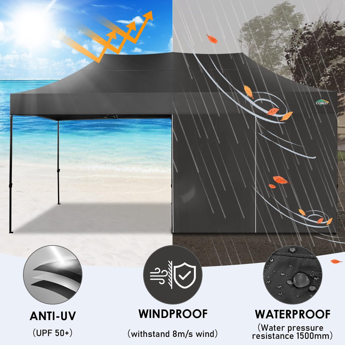COBIZI 10x20 Heavy Duty Pop up Canopy Tent with 6 sidewalls Easy Up Commercial Outdoor Wedding Party Tents for Parties All Season Wind & Waterproof Gazebo Roller Bag, Black(Frame Thickened)