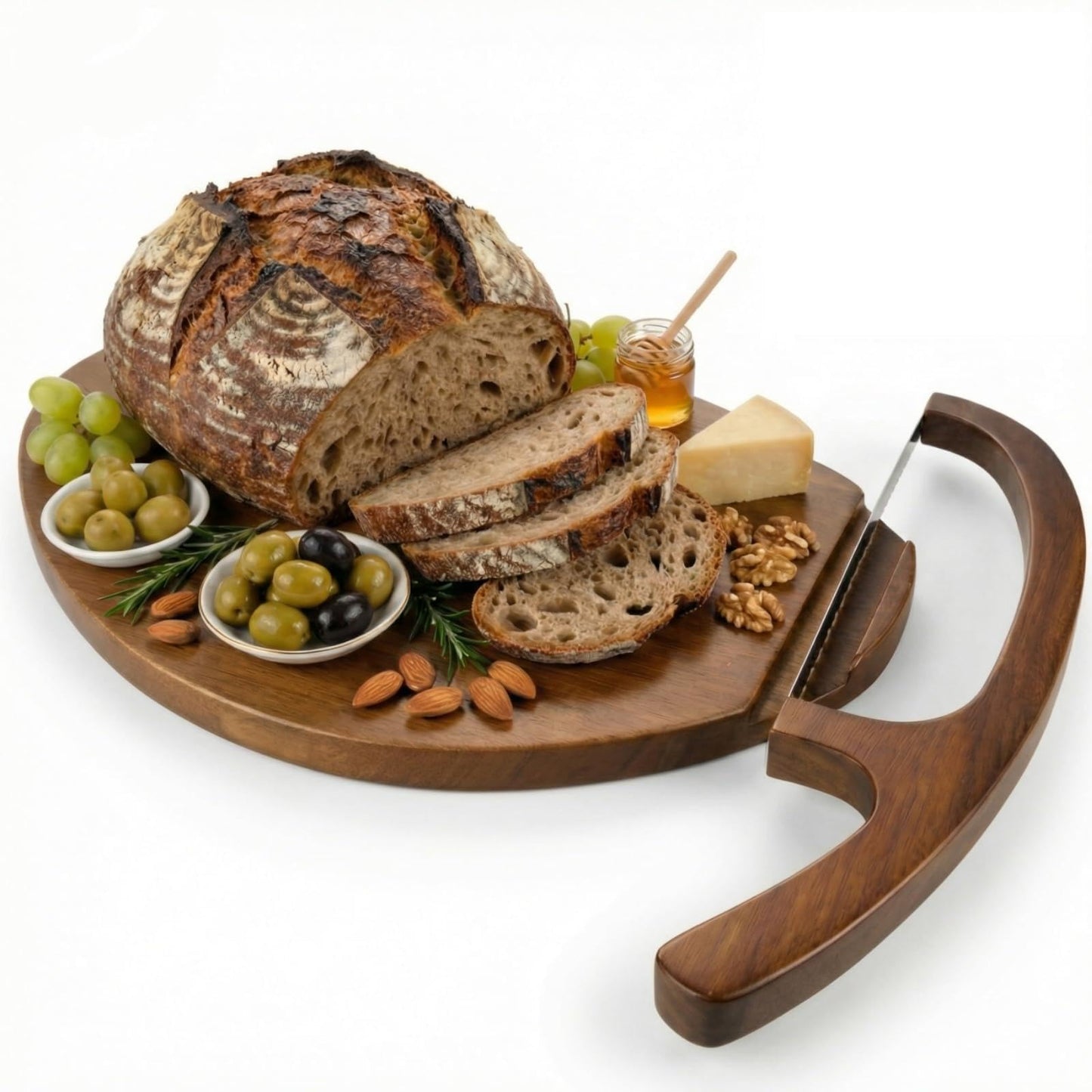 Sourdough Bread Slicer & Bow Knife Set - High Arch Bread Cutter for Homemade Bread - Heavy Duty Wooden Cutting Board with Deep Groove for Hard Crusts - Magnetic Design, Unique Sourdough Shape