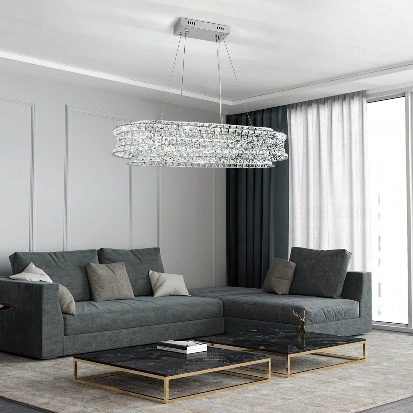 AOOCHOK Modern Crystal Chandelier for Living Room, LED Chrome Pendant Lights, Oval Crystal Hanging Lamp for Living Room, Dining Room, Restaurant, 30 x 14 inch