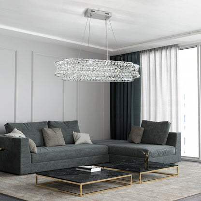 AOOCHOK Modern Crystal Chandelier for Living Room, LED Chrome Pendant Lights, Oval Crystal Hanging Lamp for Living Room, Dining Room, Restaurant, 30 x 14 inch