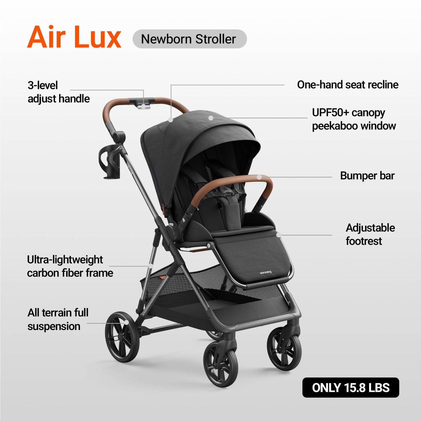 MAMAZING Air Lux Baby Stroller with Bassinet from Newborn to 50 lbs, Strength Carbon Fiber Frame Only 15.8lbs, Bassinet Stroller Included Reversible Seat, Car Seat Adapter & Large Storage Basket