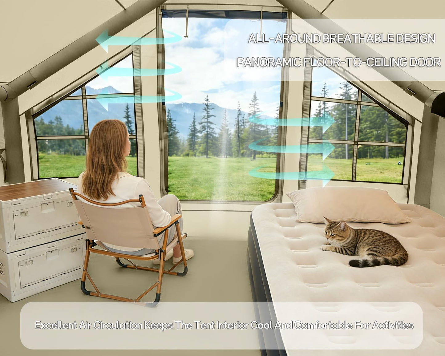AORZCOR Inflatable Camping Tent with Stove Jack, 2-4 Person, Glamping Tents House, Easy Setup Tent for 4 Seasons, Waterproof Inflatable Hot Tent (Green)