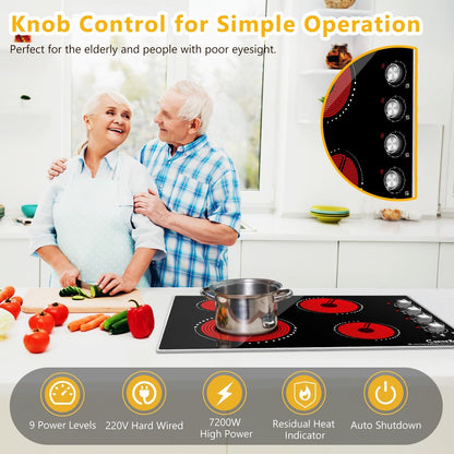 Cusinesync 30 Inch Built-In Electric Ceramic Glass Cooktop, 4 Burners, 7200W Total Power, Knob Control, Compatible with Flat-Bottom Cookware, 220-240V Hardwired