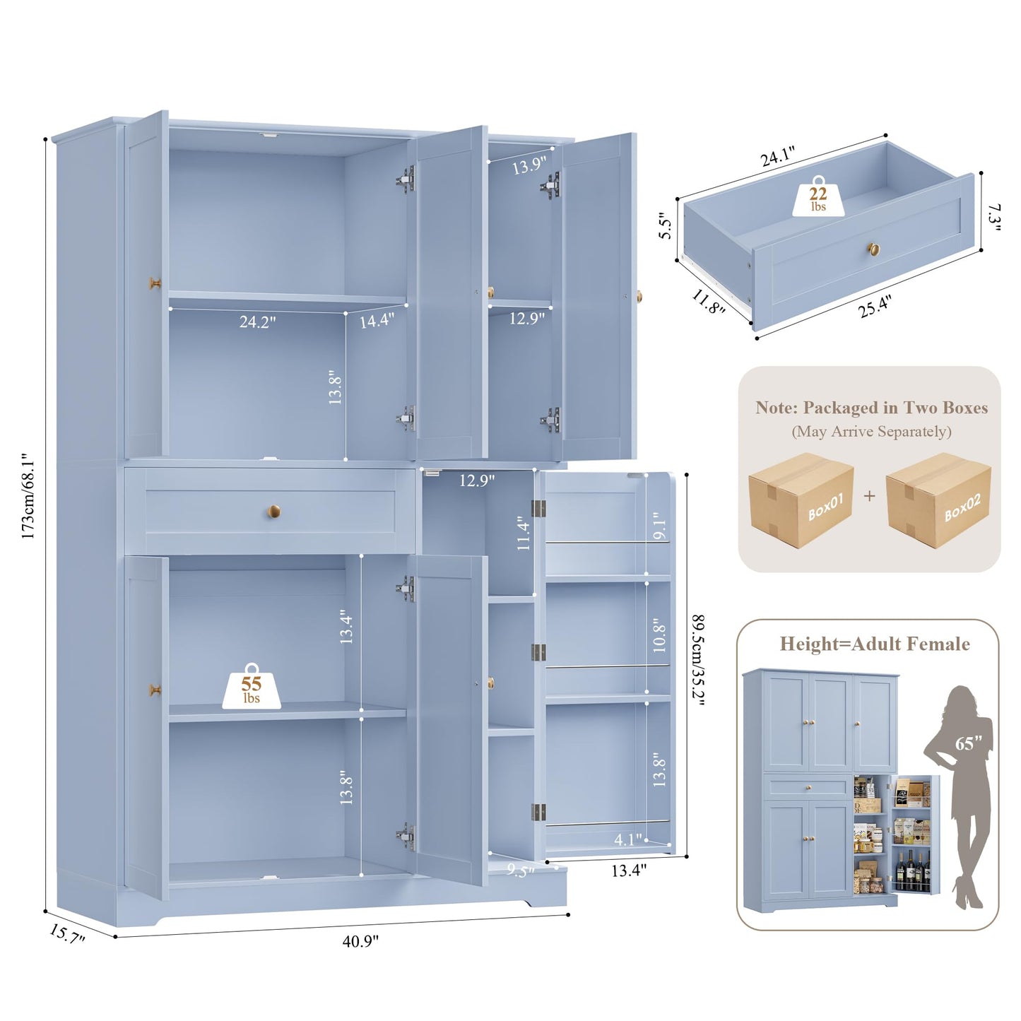 HOSTACK 68" Tall Kitchen Pantry Storage Cabinet, Modern Kitchen Hutch Cabinet with Doors and Shelves, Freestanding Food Pantry with Large Storage Drawer for Dining Room, Living Room, Light Blue