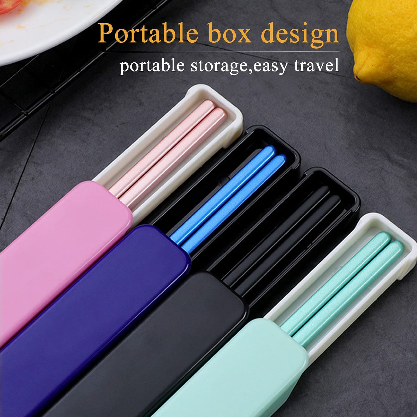 Metal Chopsticks Reusable Portable Stainless Steel Dishwasher Safe Chopsticks with Case for School,Camping,Travel, Bento Box, 9 Inches in length, Alternative to Wooden (Black+Blue+Green+Pink)