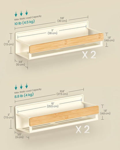 SONGMICS Magnetic Bamboo Spice Rack for Refrigerator, 4 Pack, 2 Large and 2 Small Kitchen Magnetic Shelves for Washing Machine, Spice Organizers, No Drilling Needed, Cream White UKCS062WD01