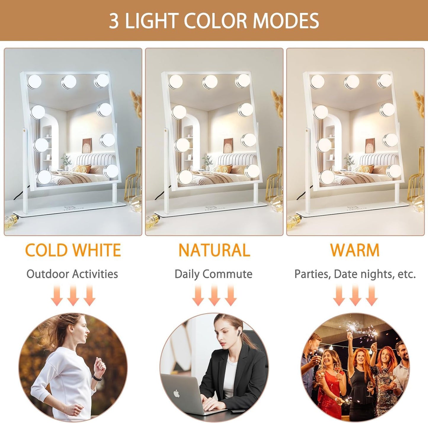 FENCHILIN Vanity Mirror with Light Lighted Makeup Mirror Vanity Makeup Mirror Smart Touch Control 3Colors Dimable Light Detachable 10X Magnification 360°Rotation(White)