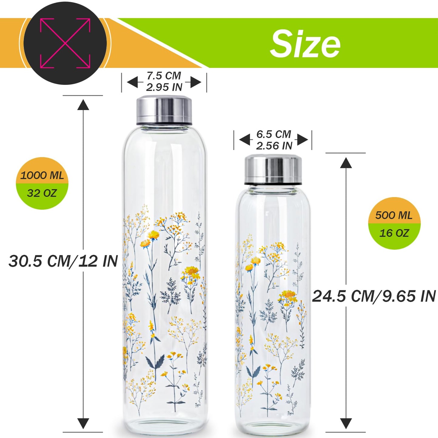 WENLIM Clear Water Bottle 16 oz BPA Free Glass Drinking Bottle for Juice with Stainless Steel Lid and Neoprene Sleeve (16 ounce, Scattered Flowers)