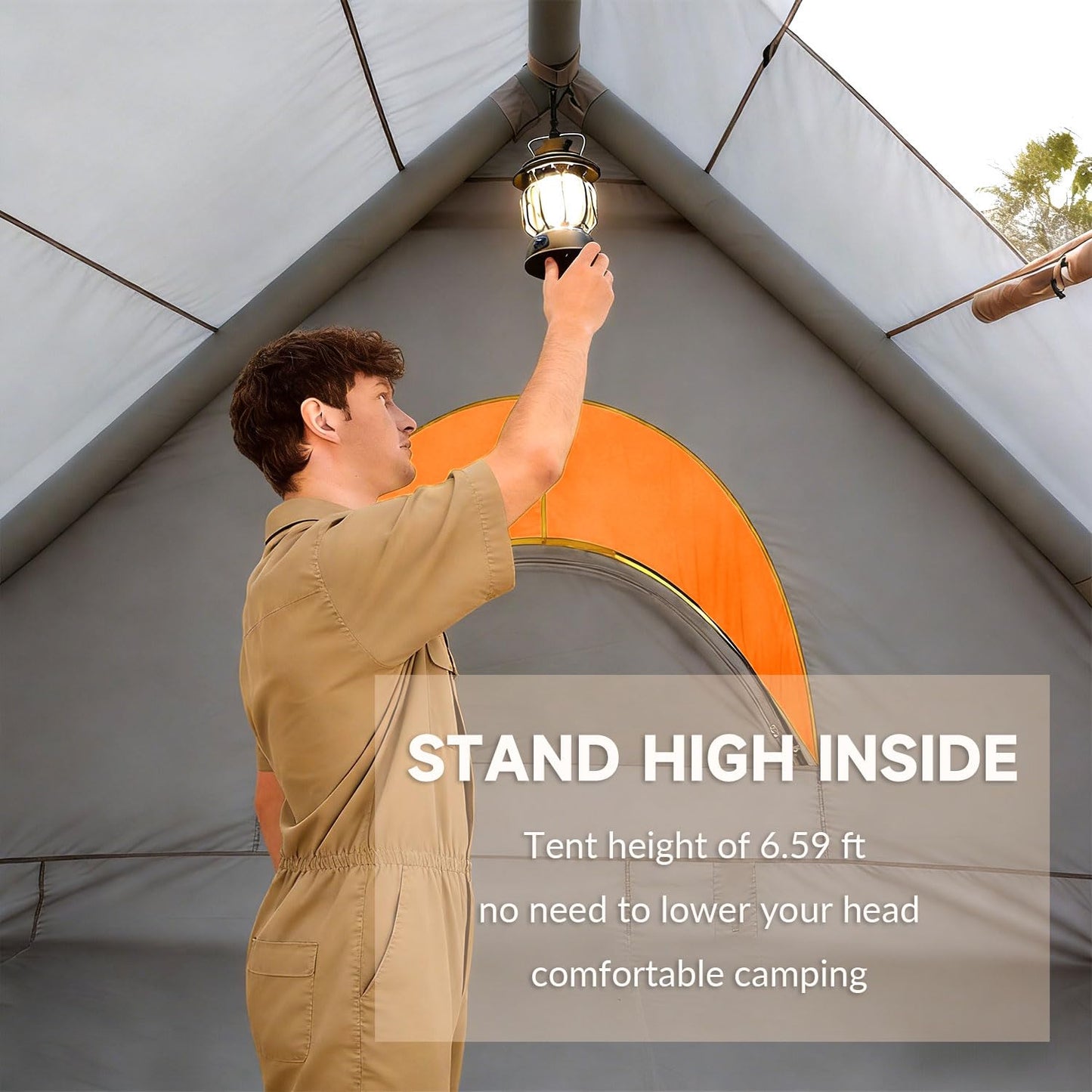 AORZCOR Inflatable Camping Tents, Easy Setup Blow up Tent with Hand Pump, 2-4 Person, Glamping Tents with Stove Jack, Tent with Skylight, Waterproof, 4 Season (Grey)
