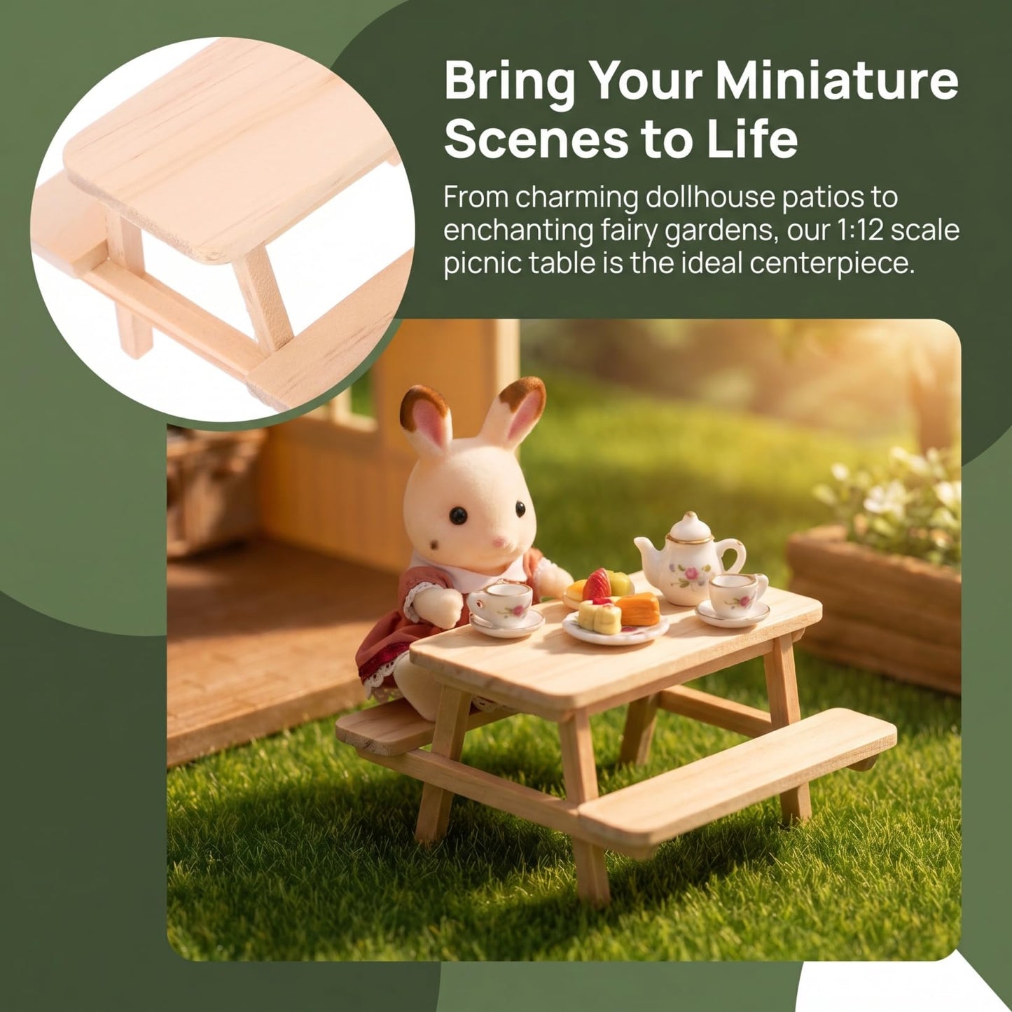 OATIPHO 1:12 Scale Mini Wooden Picnic Table, Unfinished Miniature Dollhouse Furniture Outdoor Accessories, Patio Desk Prop for Fairy Garden, DIY Crafts 3-4 Inch Figures