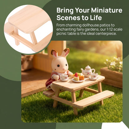 OATIPHO 1:12 Scale Mini Wooden Picnic Table, Unfinished Miniature Dollhouse Furniture Outdoor Accessories, Patio Desk Prop for Fairy Garden, DIY Crafts 3-4 Inch Figures