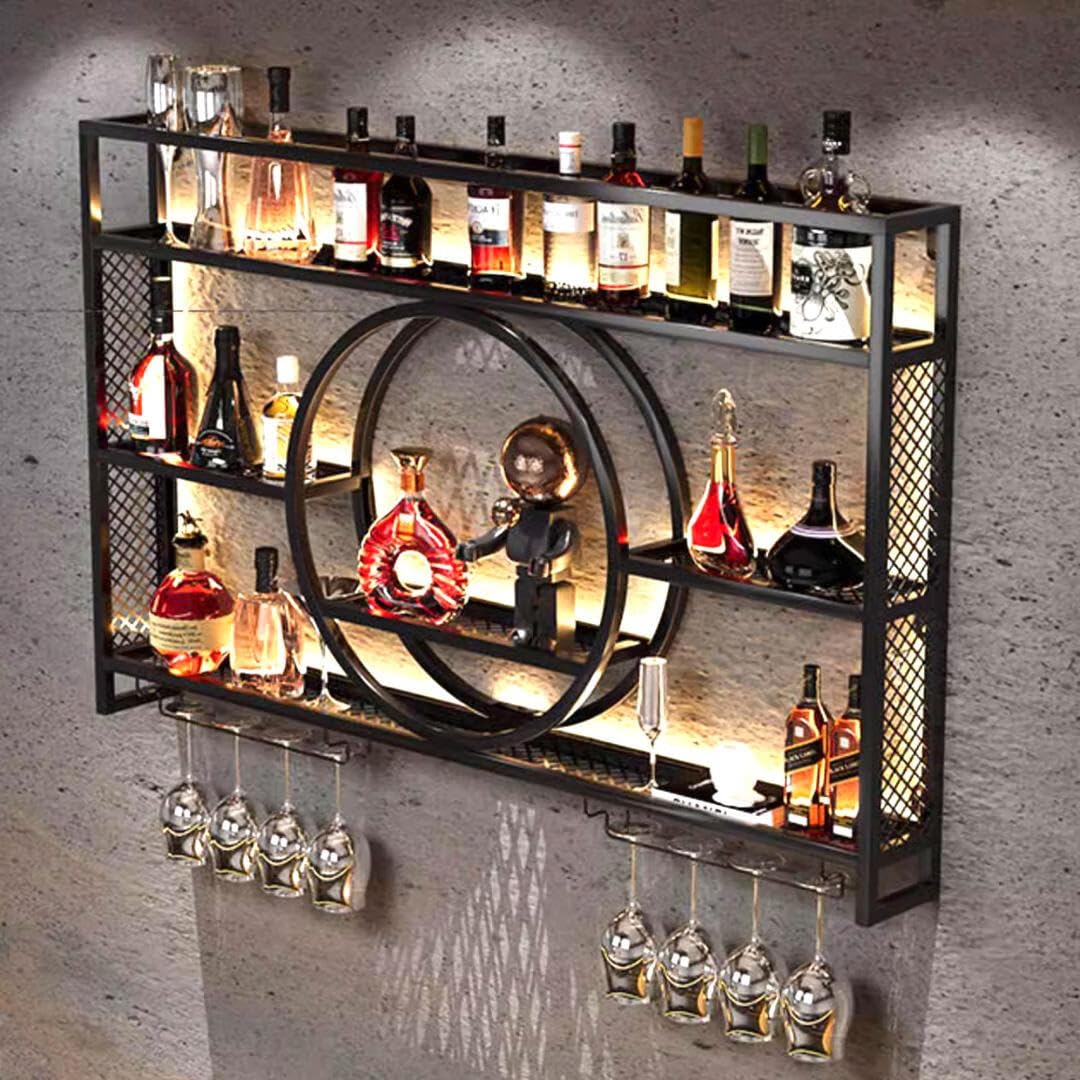 GWLQRTXV X3 55in Wine Rack with LED Lighting Wall Mounted Glass Holder, 3-Tiers Liquor Bottles Shelves Display Storage Organizer Hanging Long Stemware Goblet Metal for Home Mini Bar Cellar Black