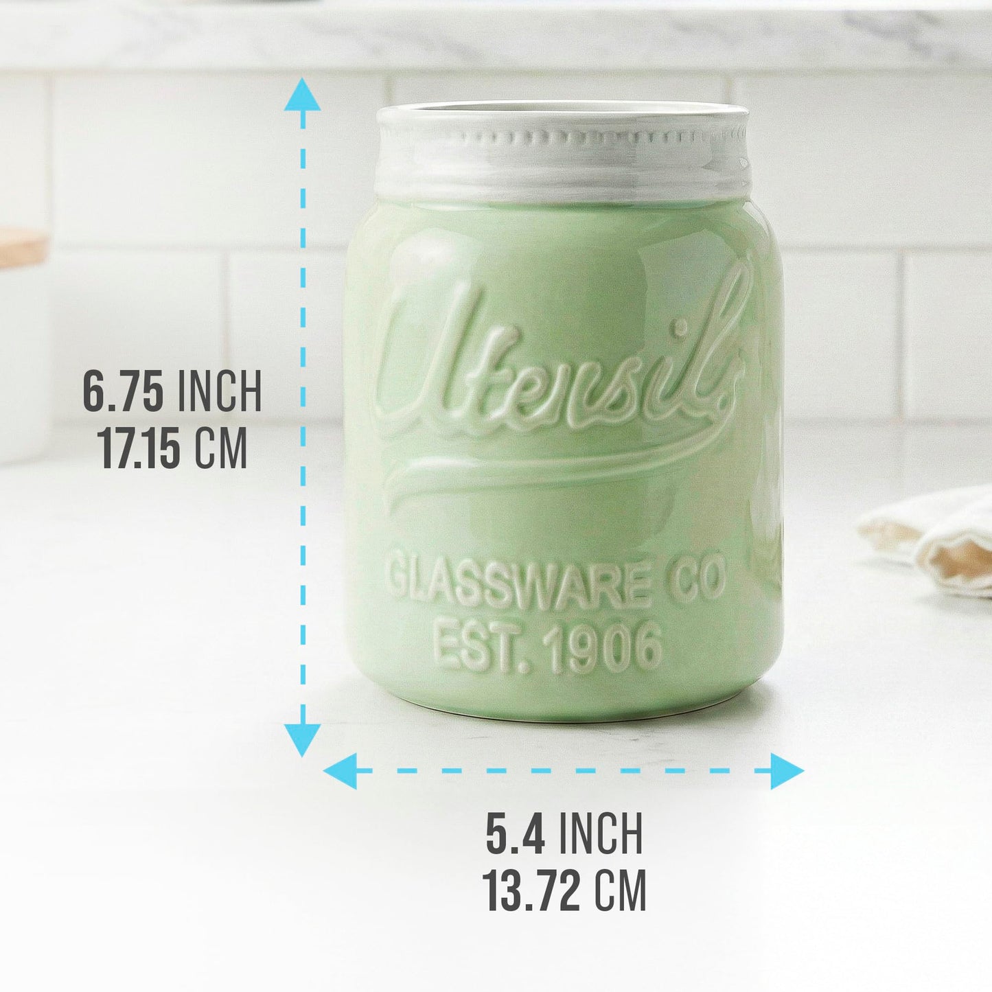 Comfify Wide Mouth Mason Jar Utensil Holder Decorative Kitchenware Organizer Crock, Dishwasher Safe - Kitchen Caddy Green, Large Size 7" Hight