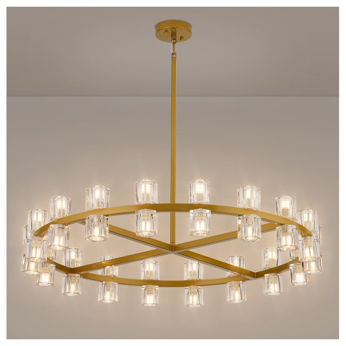 MeiYDeng 36 Inch Gold Crystal Wagon Wheel Chandelier, Modern Farmhouse Round 36-Lights Pendant Lighting Fixture, for High Ceilings Living Room, Bedroom, Foyer