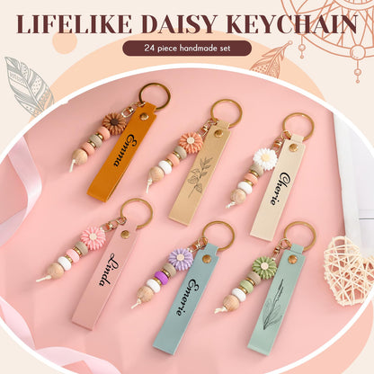 Wavyknot 12 Set Daisy and PU Leather Beadable Keychain Bars Bulk Laser Engraving Blanks Keychain Kit for DIY Crafts Jewelry (Pastel, Rectangle)